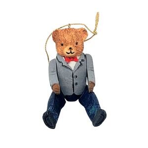 Vintage Bear w/ Moveable Arms & Legs Christmas Ornament Blue Gray Suit CL3